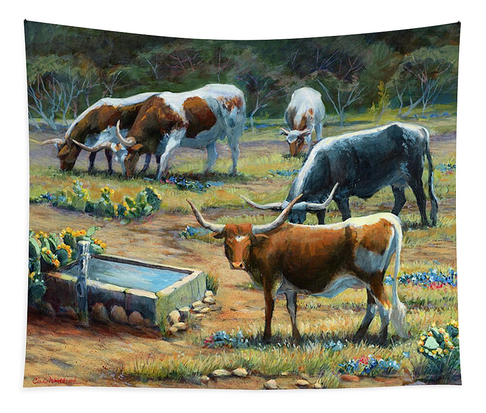 Cattle Tapestry featuring the painting Texas Longhorn Herd by Cynthia Westbrook