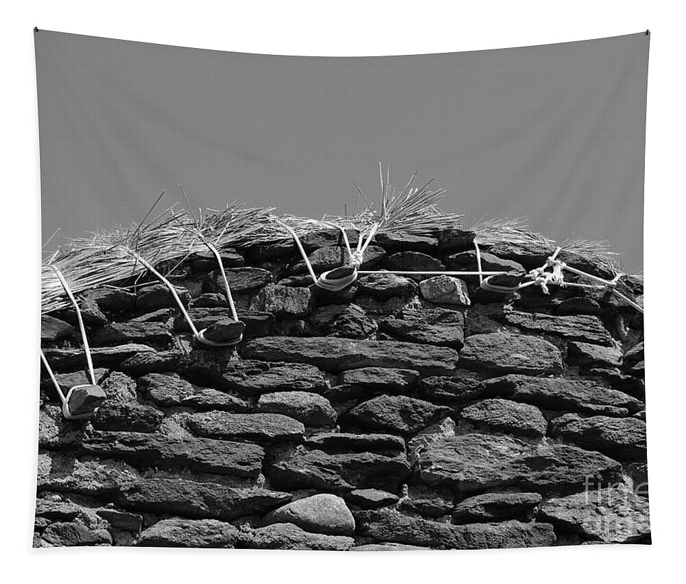 Donegal On Your Wall Tapestry featuring the photograph Thatch Gable Donegal Ireland bw by Eddie Barron