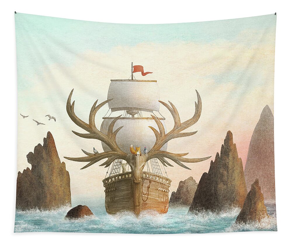 Ship Tapestry featuring the drawing The Antlered Ship by Eric Fan