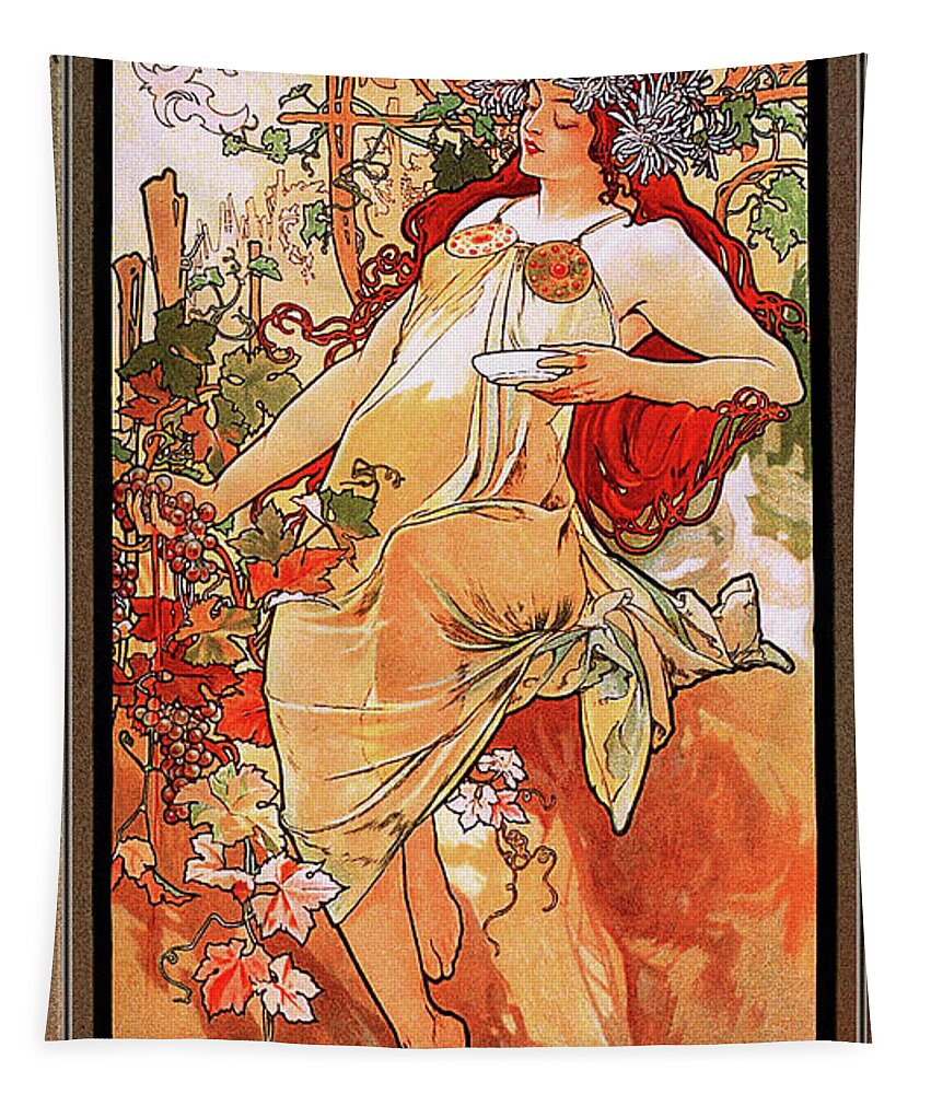 The Autumn Tapestry featuring the painting The Autumn by Alphonse Mucha by Rolando Burbon