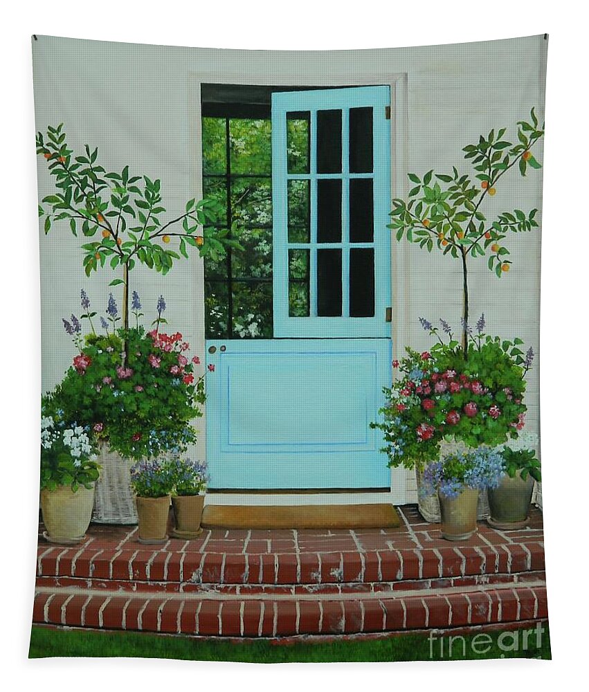 Tropical Landscape Tapestry featuring the painting The Blue Door by Kenneth Harris