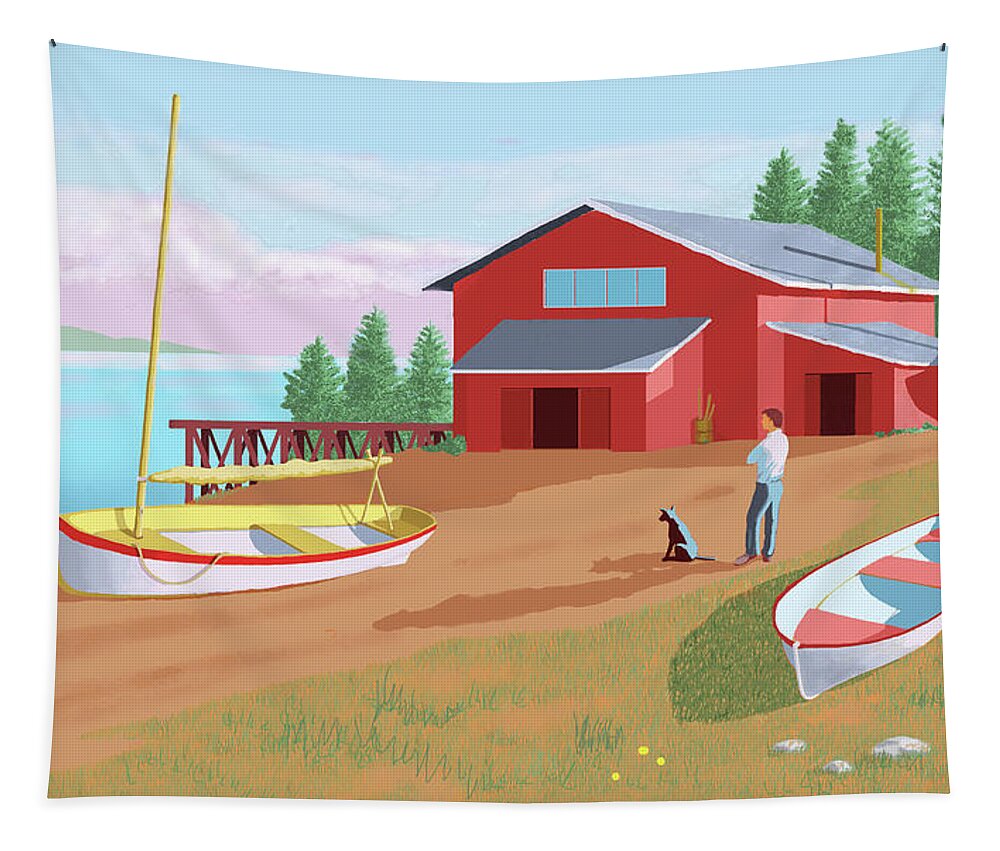 Boat Shop Row Boat Rowing Sea Lake Ocean Paddle Boating Fore Shore Rowing Sailing Seaside Beach Sand Swim Float Tapestry featuring the digital art The Boat Shop by Gary Giacomelli