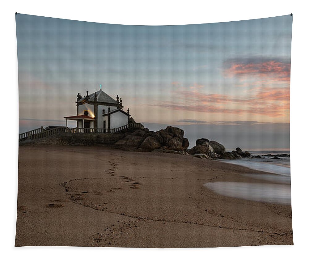 Seascape Tapestry featuring the photograph The Chapel of Senhor da Pedra, Porto Portugal by Michalakis Ppalis