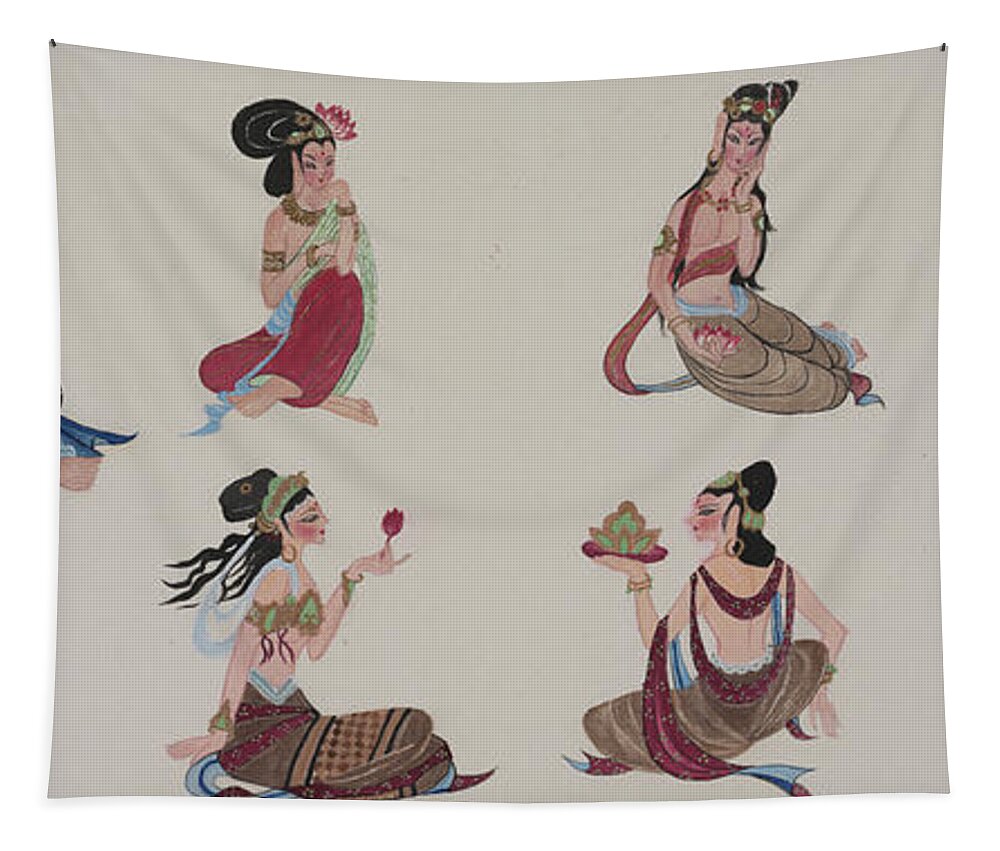 Chinese Watercolor Tapestry featuring the painting The Court Ladies of Dunhuang by Jenny Sanders