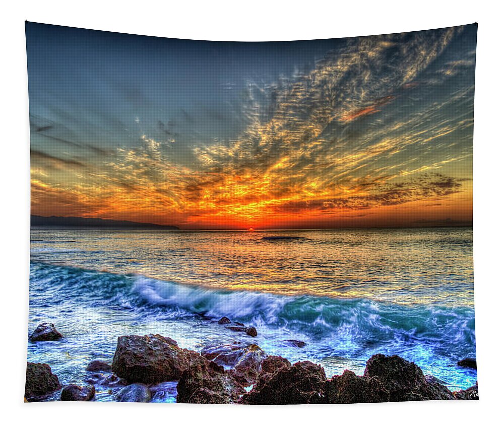 Reid Callaway Sunsets In Oahu Hawaii Tapestry featuring the photograph Oahu HI The End Sunset North Shore Seascape Landscape Art by Reid Callaway