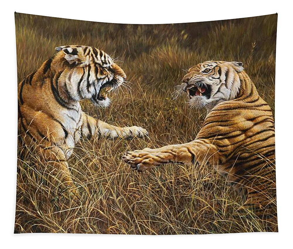 Paintings Tapestry featuring the painting The Fight - Tigers Feud by Alan M Hunt by Alan M Hunt