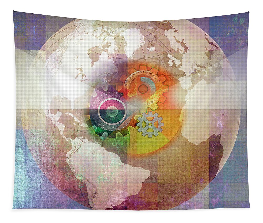 Cog Tapestry featuring the photograph The Globe With Cogs And Dials by Ikon Images