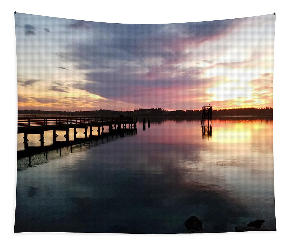 Coos Bay Tapestry featuring the photograph The Hollering Place Pier at Sunset by Suzy Piatt