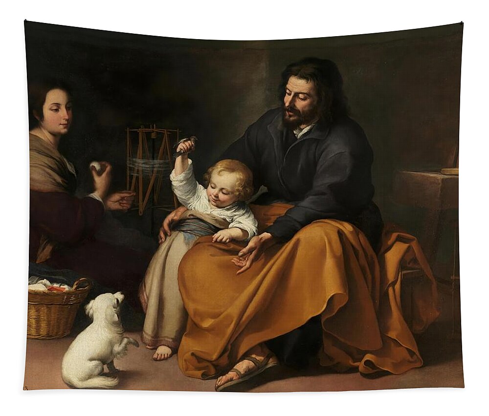 Bartolome Esteban Murillo Tapestry featuring the painting 'The Holy Family with a Little Bird', ca. 1650, Spanish School, Oil ... by Bartolome Esteban Murillo -1611-1682-