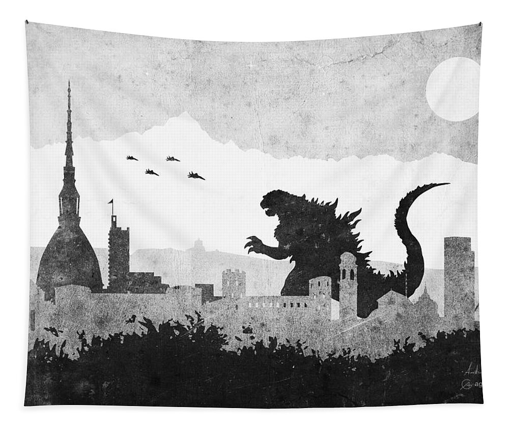 Italy Tapestry featuring the digital art Godzilla Turin greyscale by Andrea Gatti