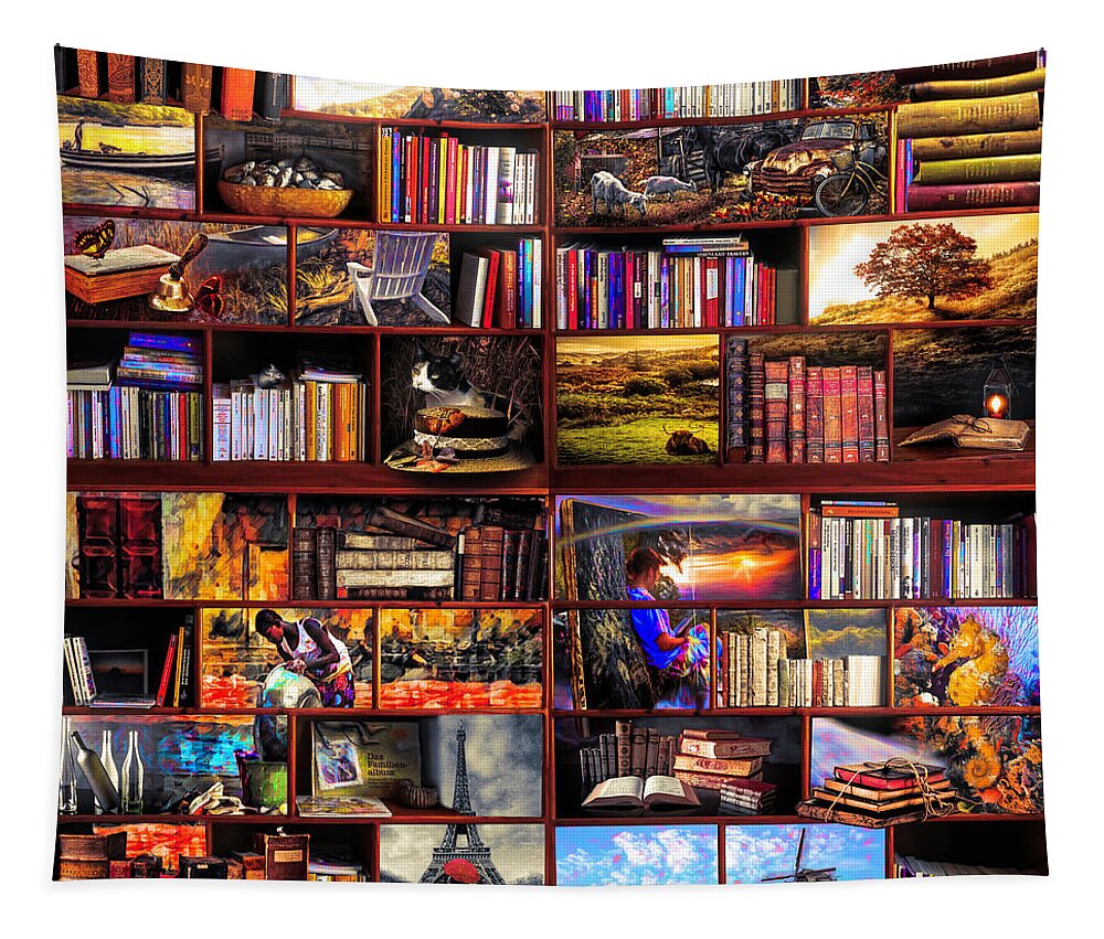 Boats Tapestry featuring the digital art The Library The Golden Travel Section by Debra and Dave Vanderlaan
