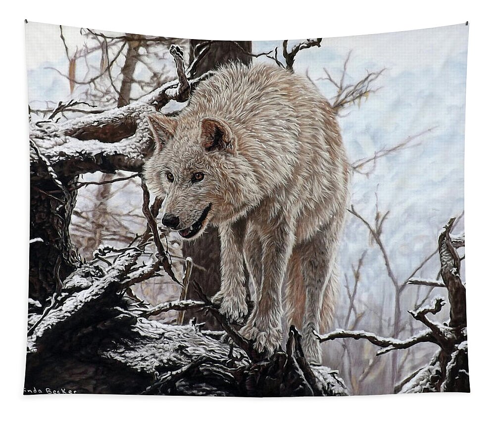 Grey Wolf Tapestry featuring the pastel The Lookout by Linda Becker