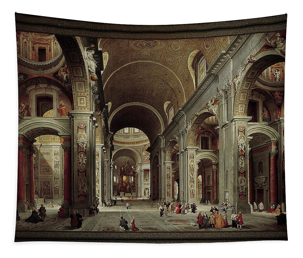 The Nave Of St. Peter's Basilica Tapestry featuring the painting The Nave of St Peter's Basilica in the Vatican c1735 by Giovanni Paolo Pannini by Rolando Burbon