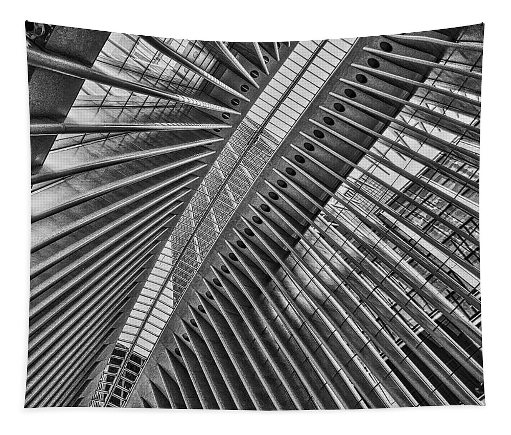 Black And White Photo Of Ceiling The Oculus At World Trade Center Tapestry featuring the photograph The Oculus by Joan Reese