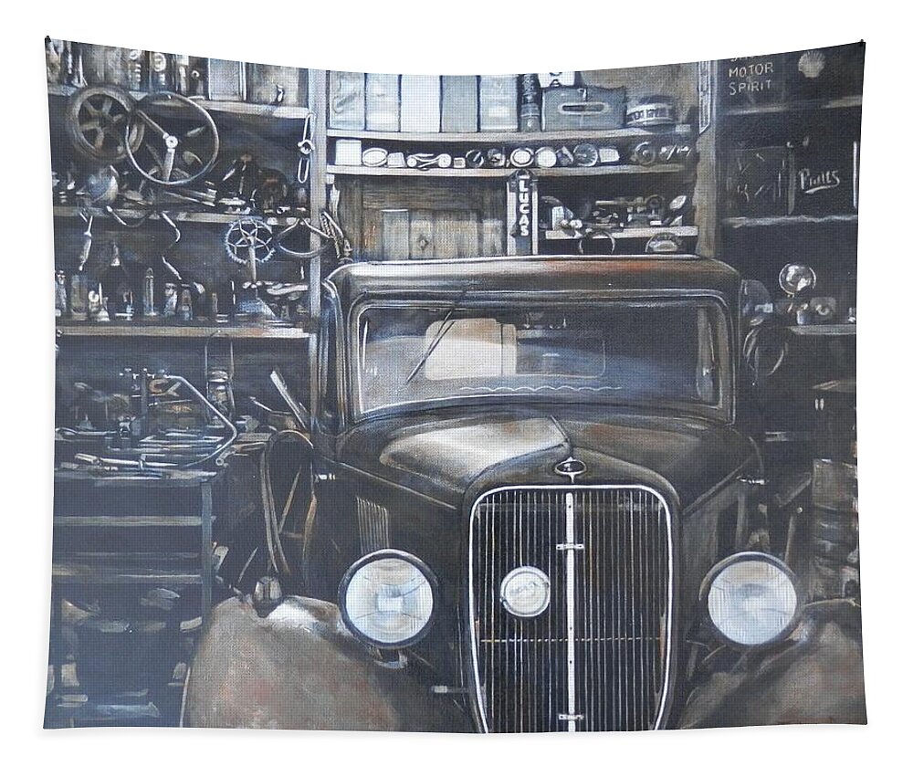 Garage Tapestry featuring the painting Man Cave by John Neeve