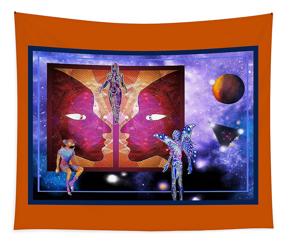 Moon Tapestry featuring the mixed media The Orange Moon Treaty by Hartmut Jager