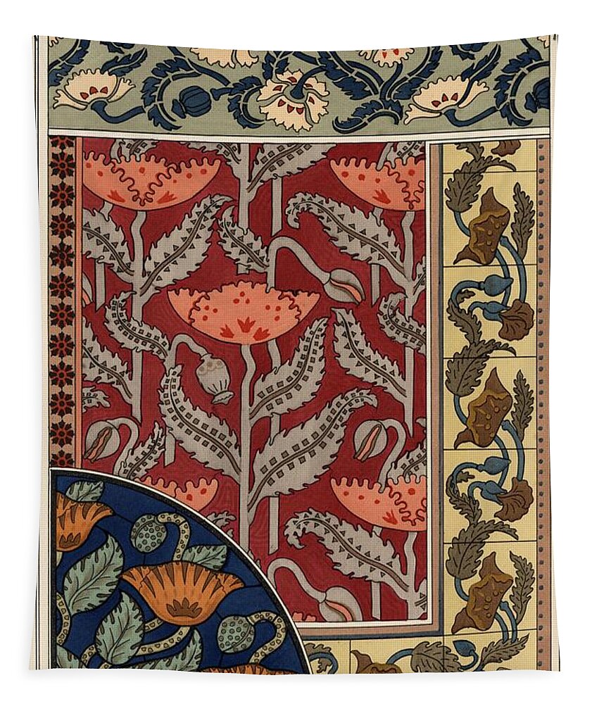 1841-1917 Tapestry featuring the drawing The poppy, Papaver somniferum, in stained glass, wallpaper, fabric and tile patterns. Lithograph ... by Album