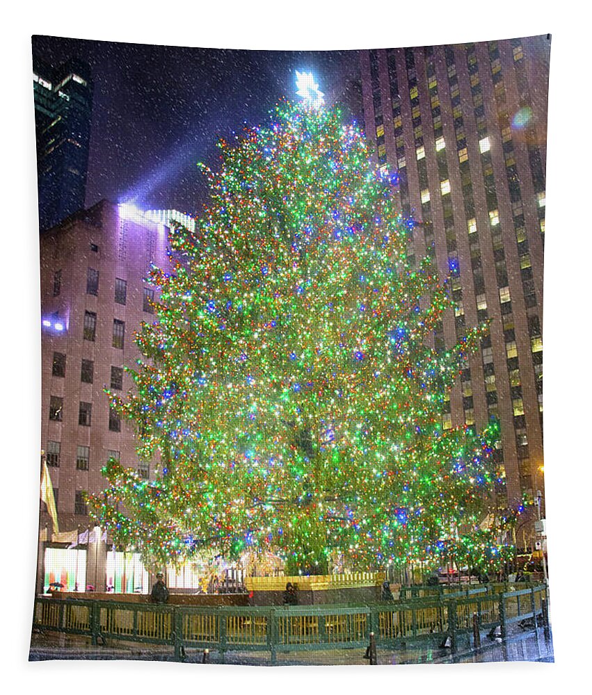 New York Tapestry featuring the photograph The Rockefeller Center Christmas Tree by Mark Andrew Thomas