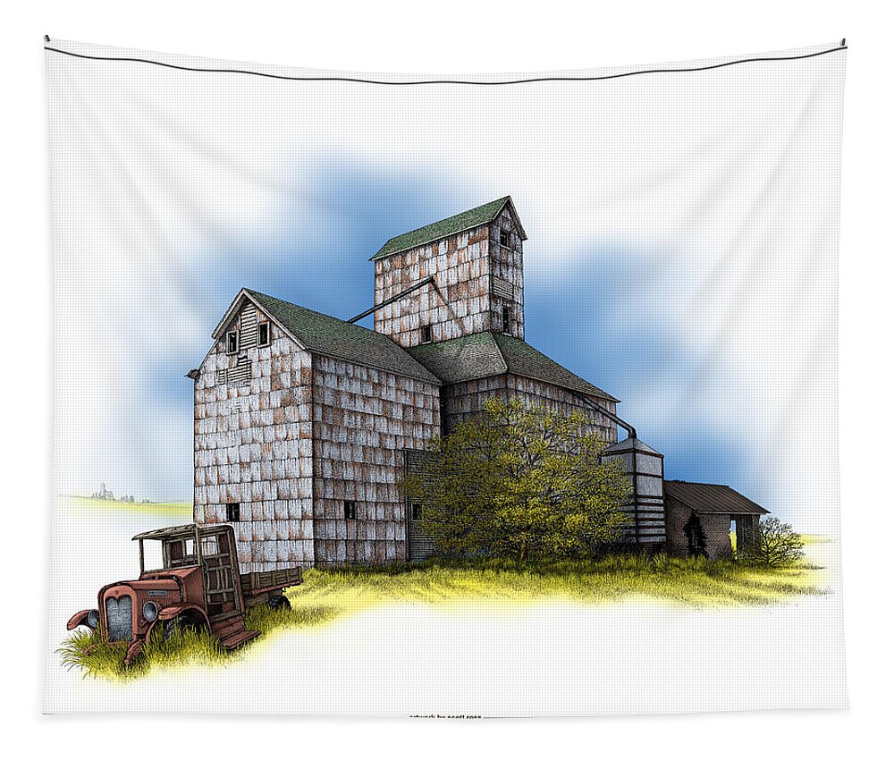 History Tapestry featuring the digital art The Ross Elevator Autumn by Scott Ross