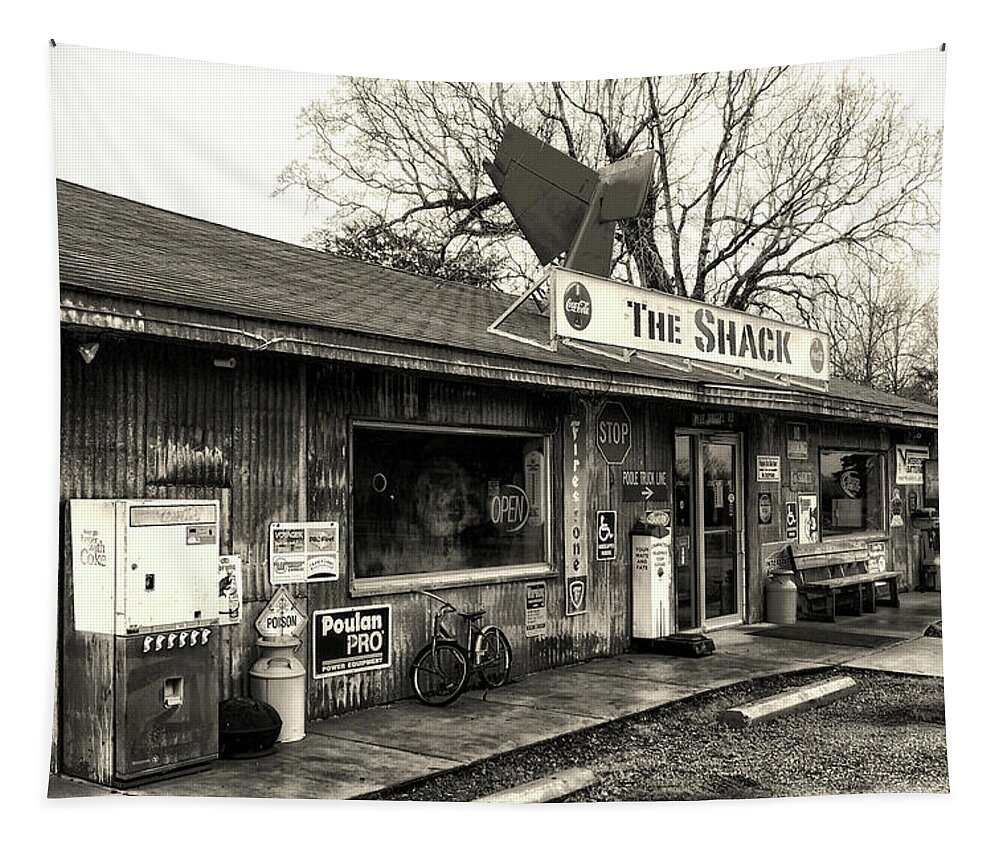 The Shack Tapestry featuring the photograph The Shack in Evergreen, Alabama in Black and White by Bill Swartwout