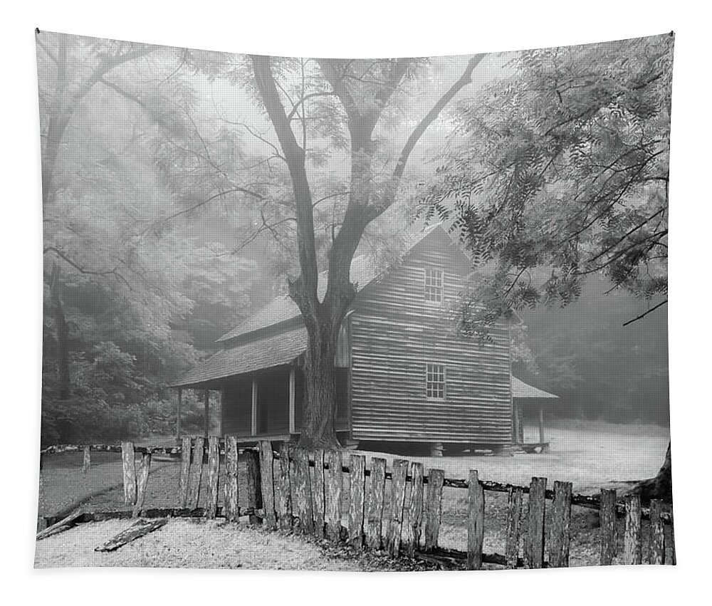 Cades Cove Tapestry featuring the photograph The Tipton Place on a Foggy Morning, Black and White by Marcy Wielfaert