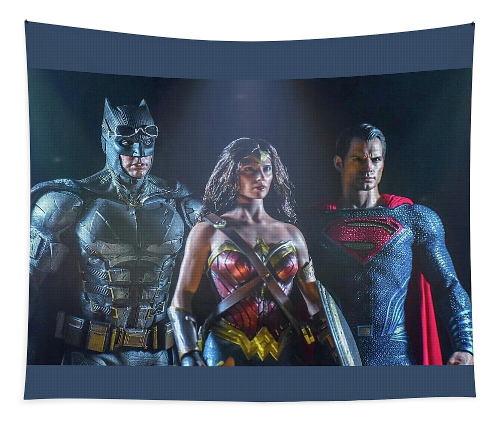 Justice League Tapestry featuring the digital art The Trinity by Jeremy Guerin