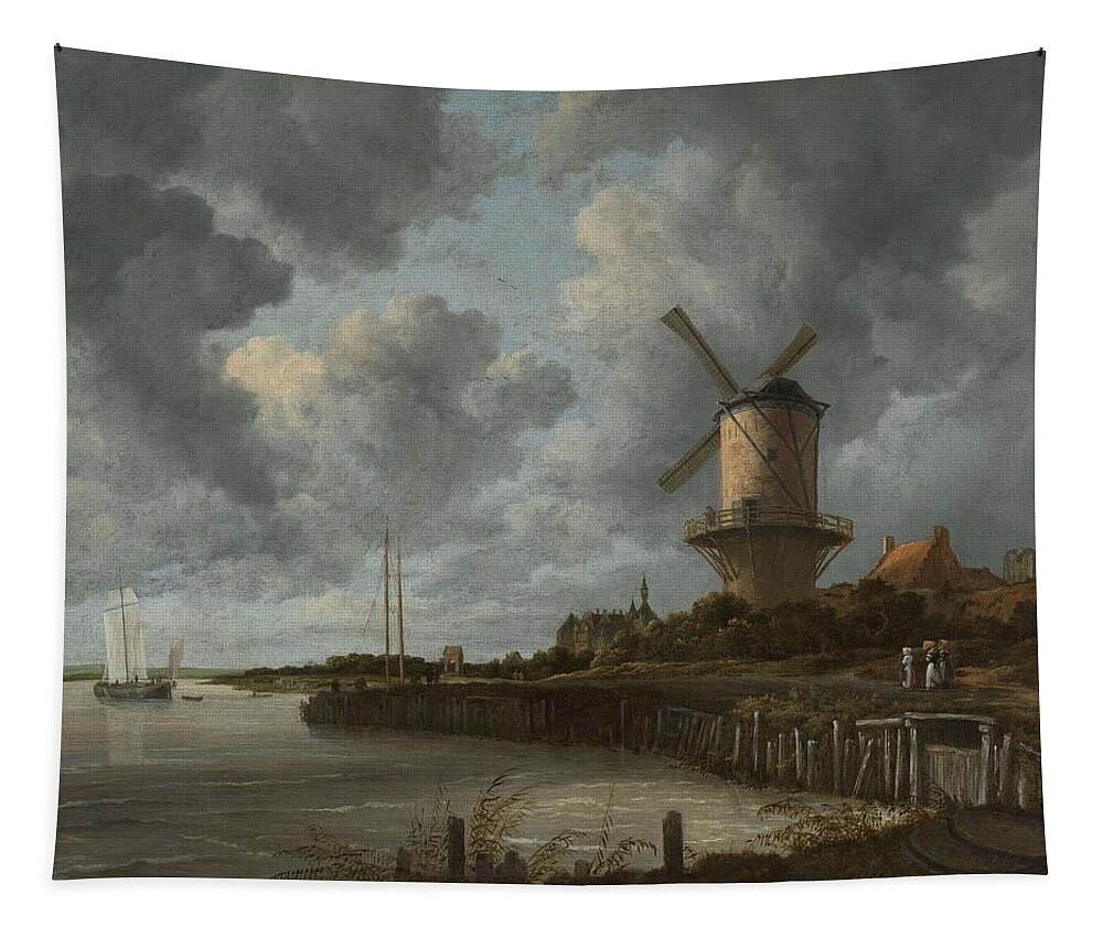 Canvas Tapestry featuring the painting The Windmill at Wijk bij Duurstede. by Jacob Isaacksz van Ruisdael -1628-1682-