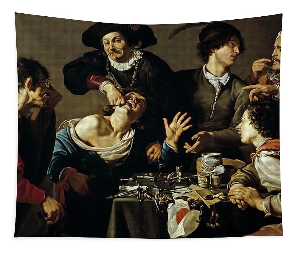 The Tooth Extractor Tapestry featuring the painting Theodoor Rombouts / 'The Tooth Extractor', 1620-1625, Flemish School, Oil on canvas. by Theodoor Rombouts -1597-1637-