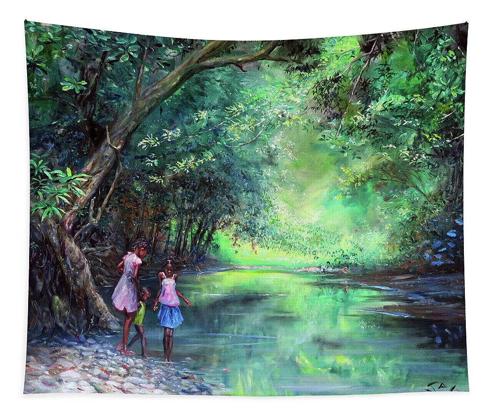 Caribbean Art Tapestry featuring the painting Three Children by the River by Jonathan Gladding
