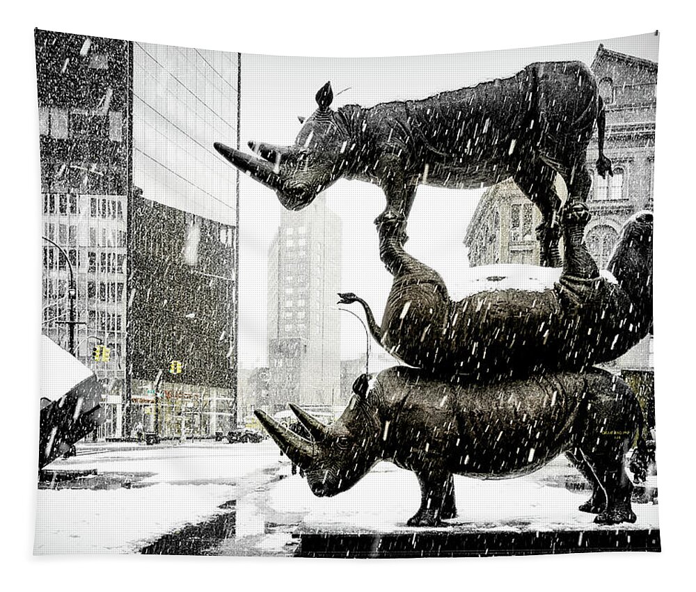 Rhinos Tapestry featuring the photograph Three Rhinoceri In New York by Chris Lord