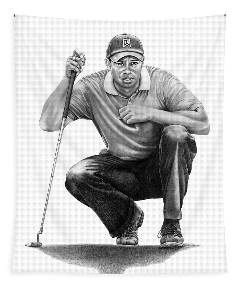 Pencil Tapestry featuring the drawing Tiger Woods Crouching Tiger by Murphy Elliott