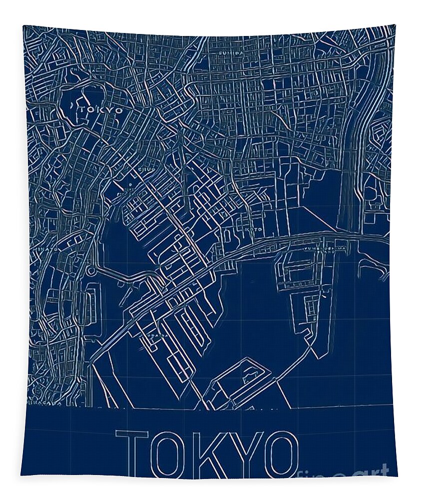 Tokyo Tapestry featuring the digital art Tokyo Blueprint City Map by HELGE Art Gallery