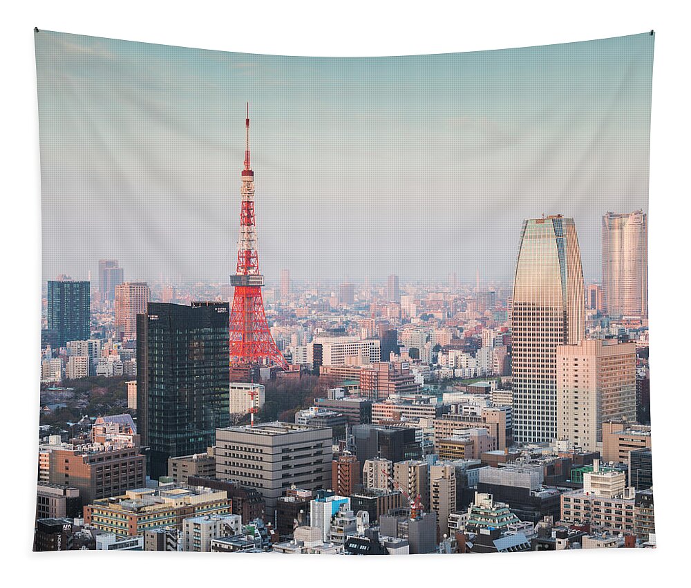 Tokyo Tapestry featuring the photograph Tokyo tower and city at sunrise, Japan by Matteo Colombo