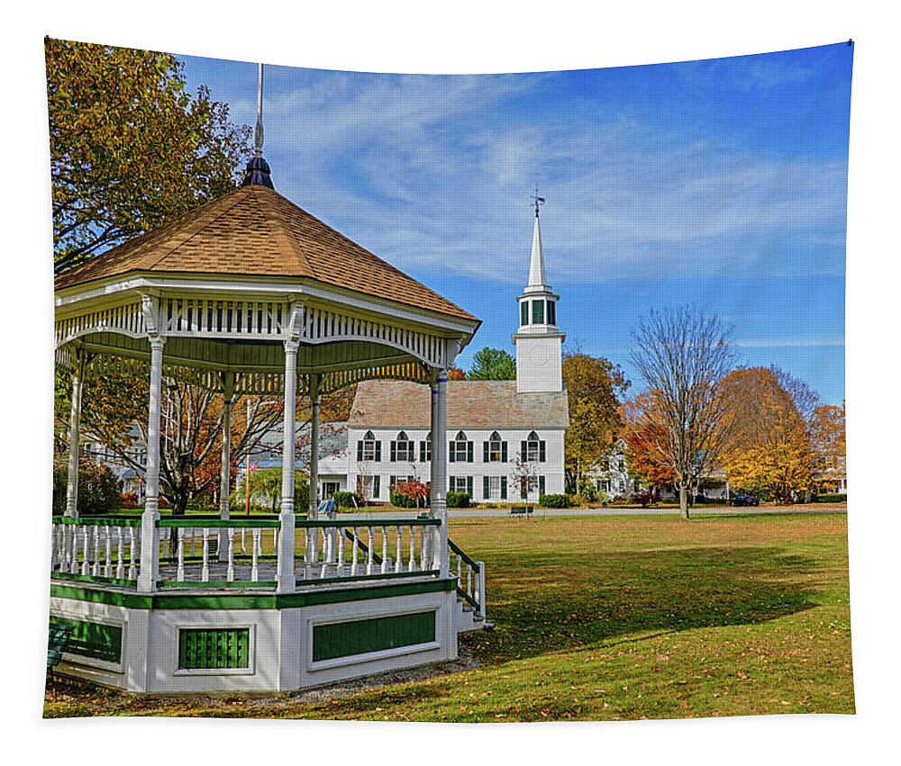 Townshend Tapestry featuring the photograph Townshend VT Autumn Day Church Vermont Gazebo by Toby McGuire