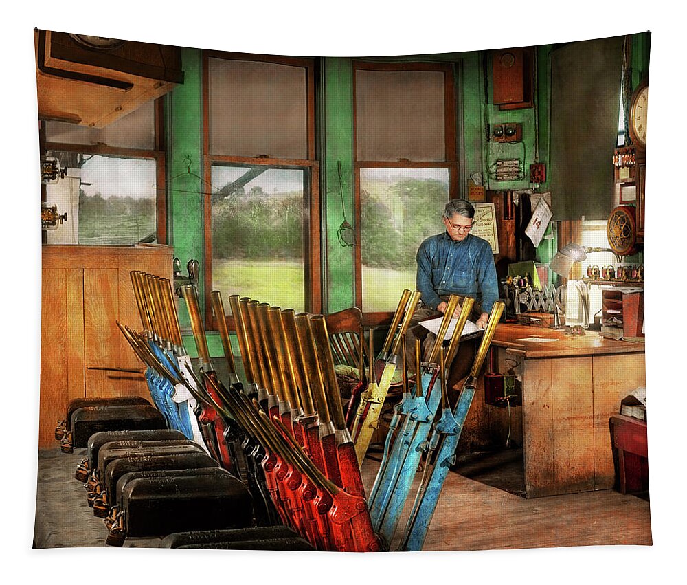 Train Tapestry featuring the photograph Train - Controls - In the signal tower 1940 by Mike Savad