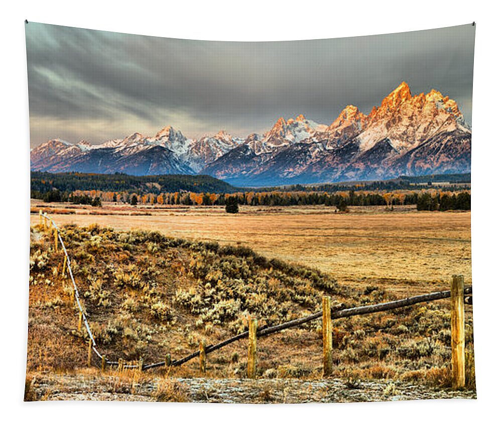 Teton Sunrise Tapestry featuring the photograph Traingle X Ranch Teton Alpenglow by Adam Jewell
