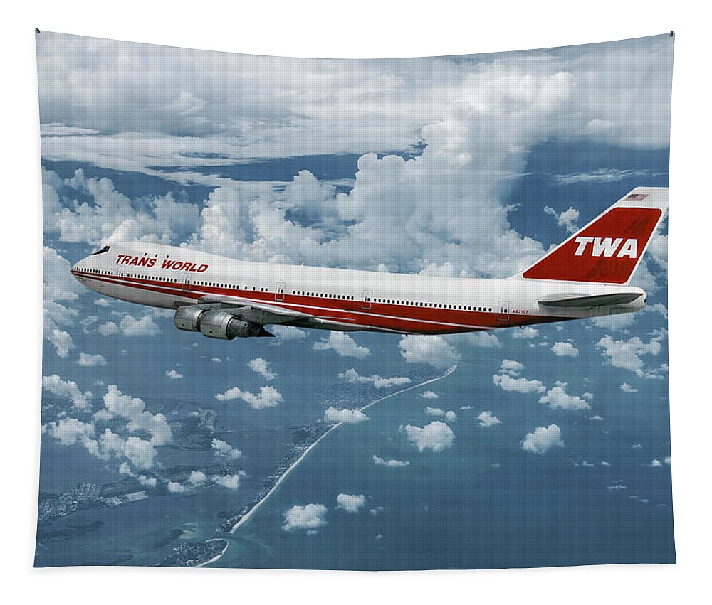Trans World Airlines Tapestry featuring the mixed media Trans World Airlines Boeing 747-131 by Erik Simonsen