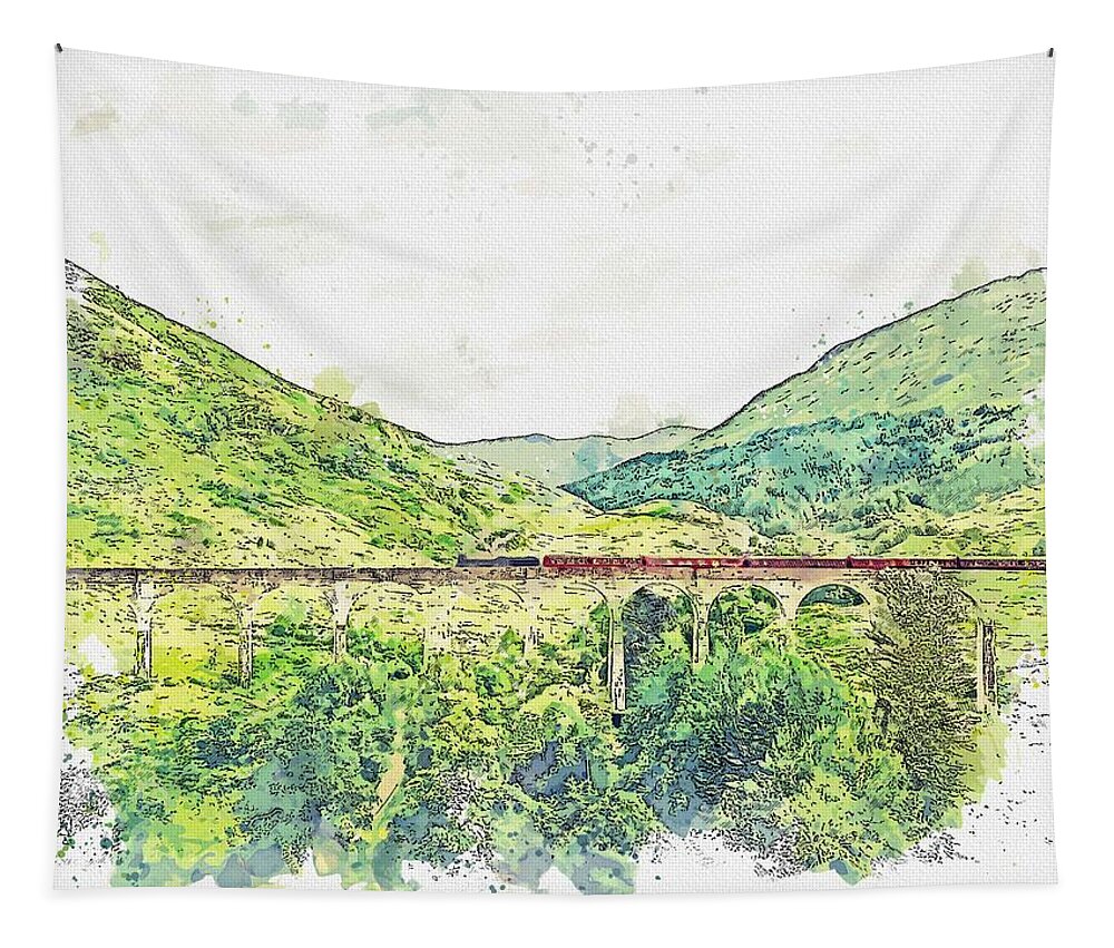 Nature Tapestry featuring the painting Traveling over Glenfinnan viaduct, Glenfinnan, Scotland watercolor by Ahmet Asar by Celestial Images