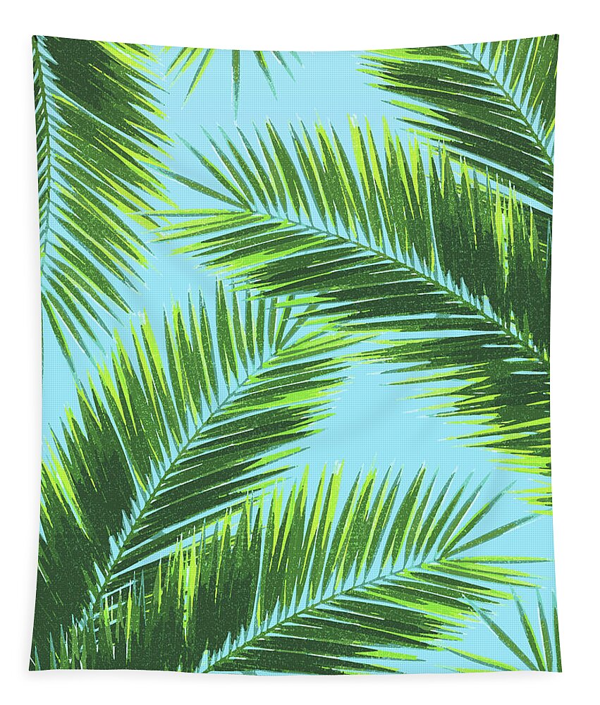 Tropical Palm Leaf Tapestry featuring the mixed media Tropical Palm Leaf Pattern 2 - Tropical Wall Art - Summer Vibes - Modern, Minimal - Green, Blue by Studio Grafiikka