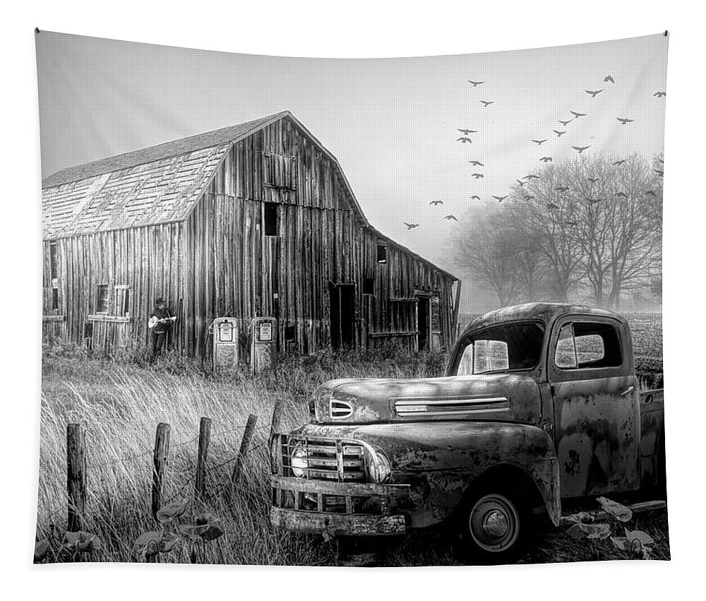 1951 Tapestry featuring the photograph Truck in the Fog in Black and White by Debra and Dave Vanderlaan