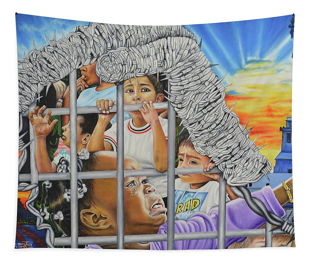 Abuse Tapestry featuring the painting Trump's Cage by O Yemi Tubi