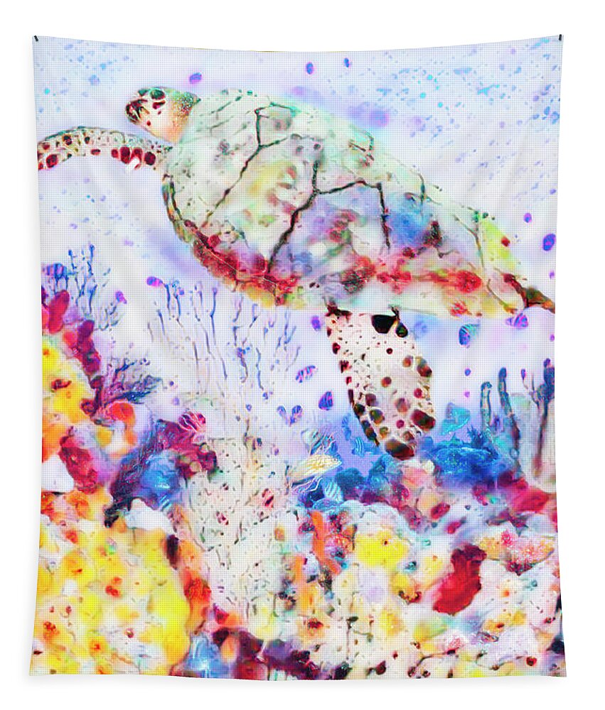 Atlantic Tapestry featuring the photograph Turtle at the Reef Abstract Watercolors by Debra and Dave Vanderlaan