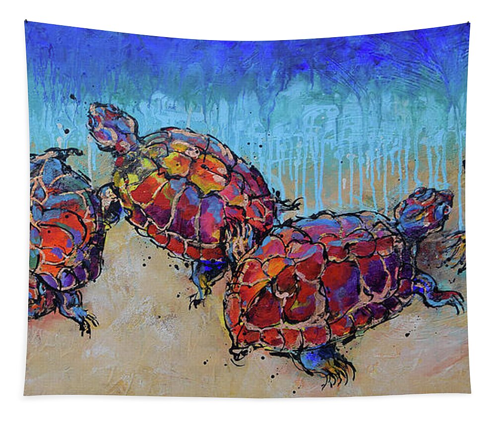 Marine Animals Tapestry featuring the painting Turtles Club by Jyotika Shroff