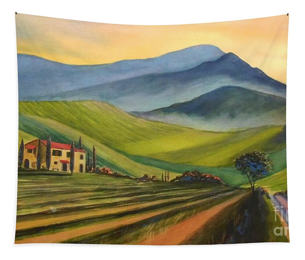 Landscape Tapestry featuring the painting Tuscan Fields by Petra Burgmann