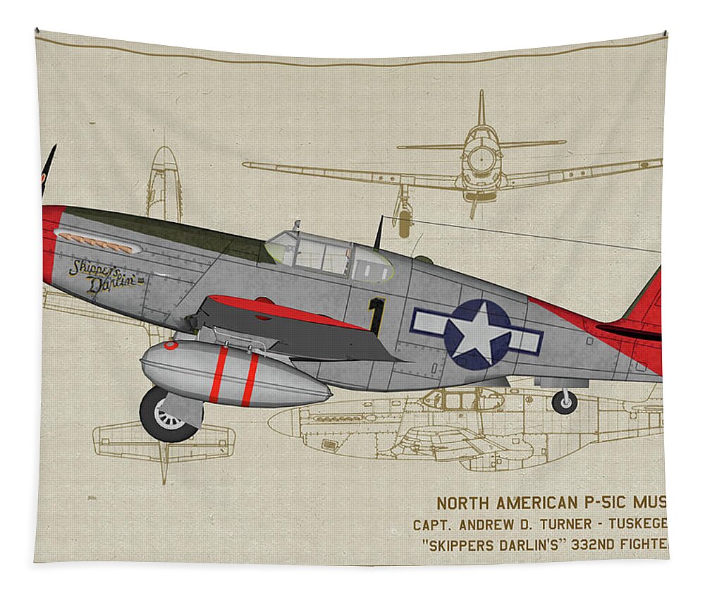 332nd Fighter Group Tapestry featuring the digital art Tuskegee P-51C Skippers Darling Profile Art by Tommy Anderson
