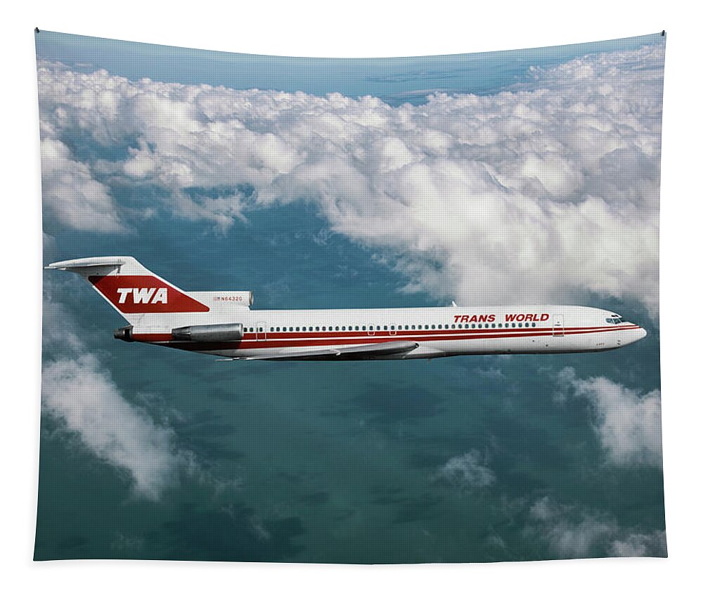 Trans World Airlines Tapestry featuring the mixed media TWA Boeing 727 Above the Clouds by Erik Simonsen