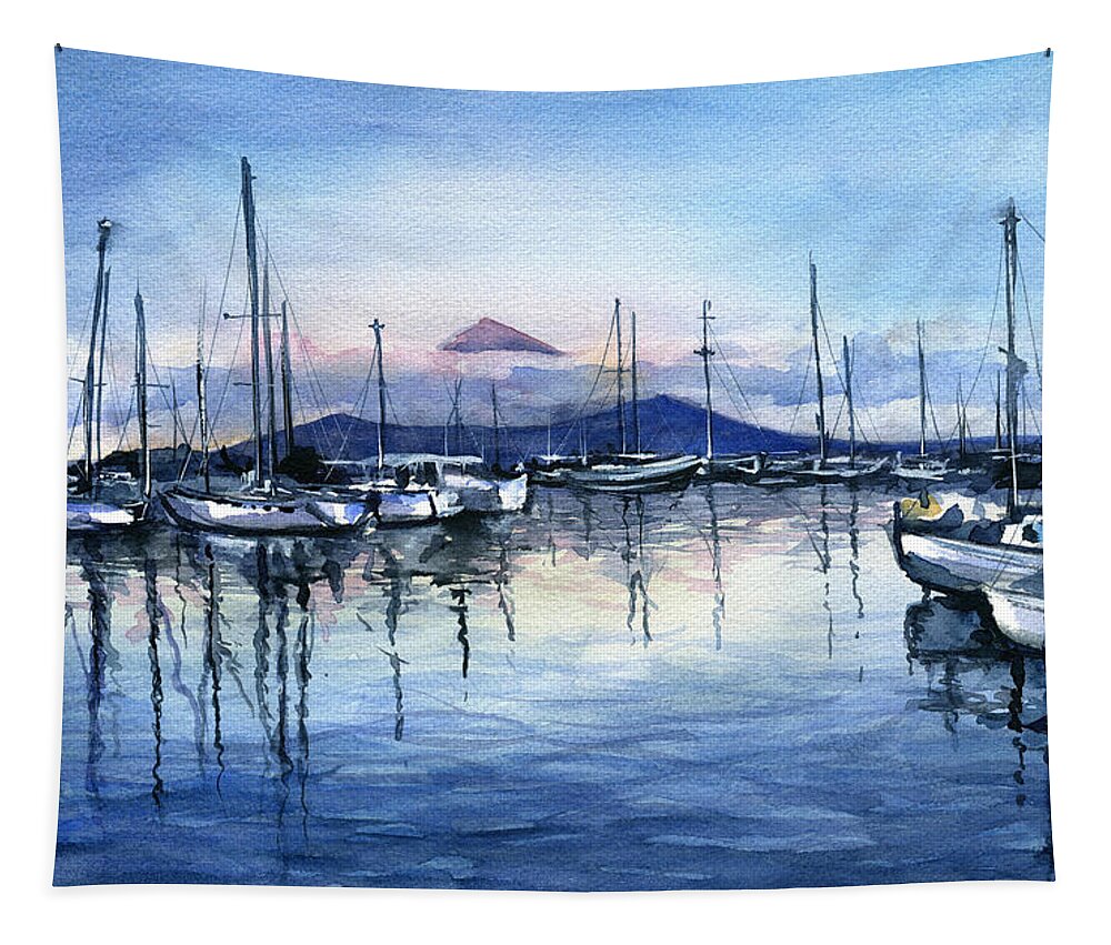 Marina Tapestry featuring the painting Twilight at Horta Azores by Dora Hathazi Mendes