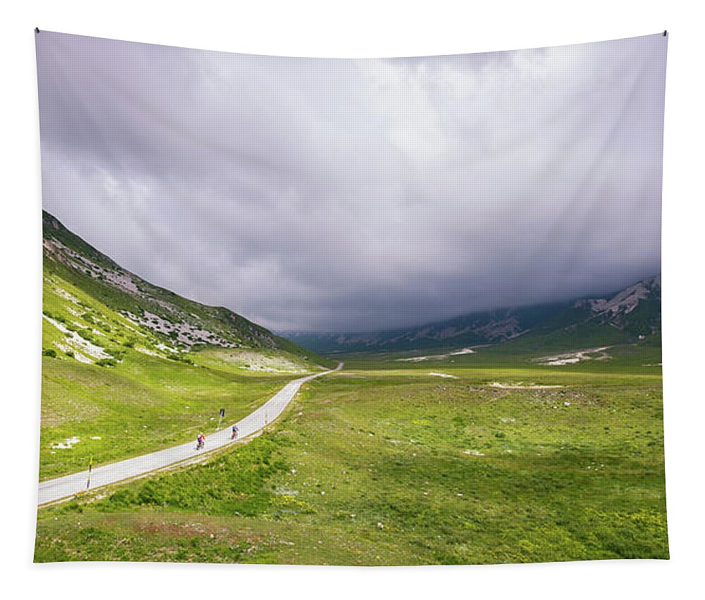Two Tapestry featuring the photograph Two cyclists at Campo Imperatore by Jenco Van Zalk