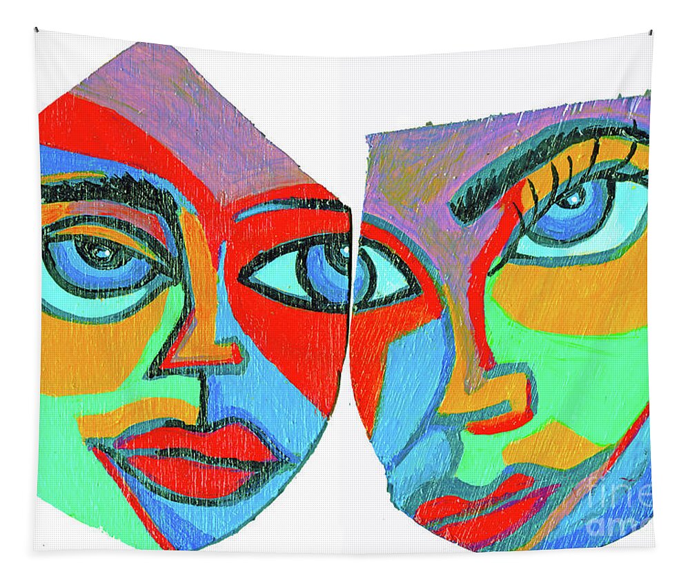 Faces Tapestry featuring the painting Two Faces On Wood by Genevieve Esson