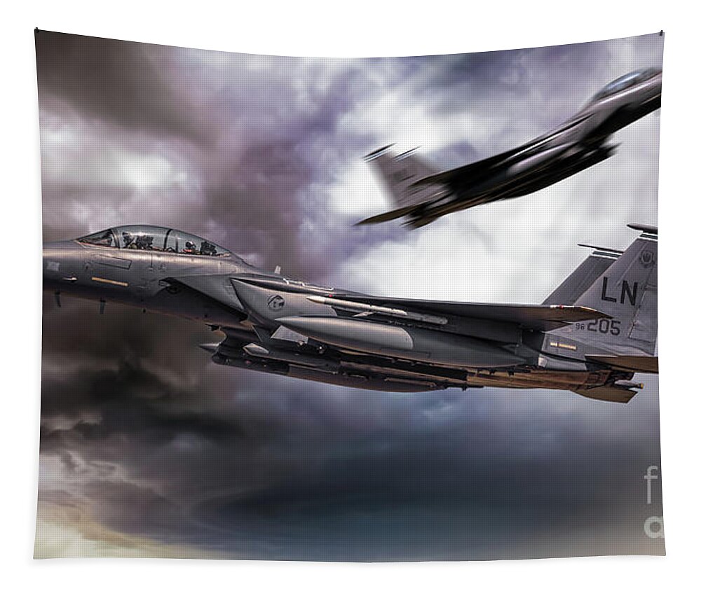 F15 Tapestry featuring the digital art Two F-15E Strike Eagle passing in storm clouds by Simon Bratt